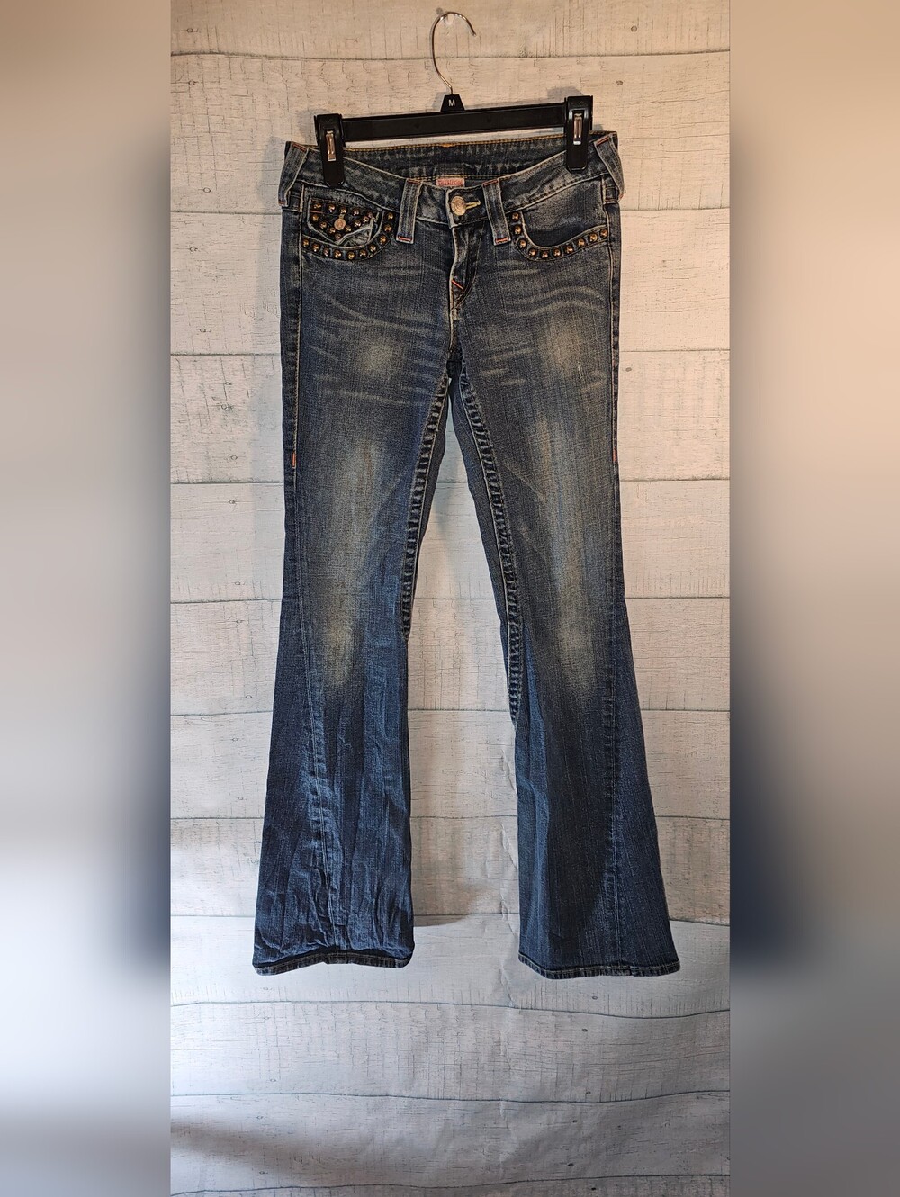True Religion Y2K Dark Blue Joey Twist Low Rise Studded Flare Jeans